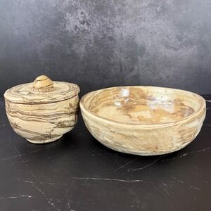 Vintage Handmade Stoneware 2 Piece Bowl Set Rustic Heavy Signed Studio Pottery